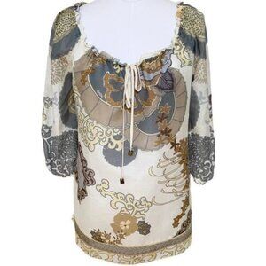 Hale Bob Cabana Peasant Blouse in Taupe Gray and Yellow Size Medium NWOT